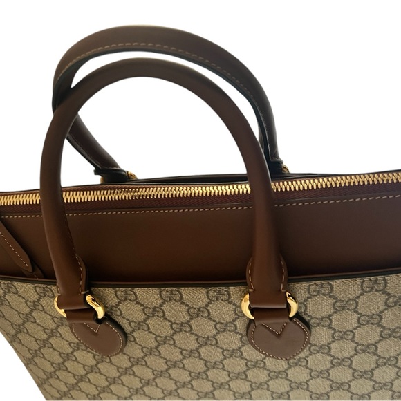 NWT Gucci Supreme Beige Brown GG Zip Top With Strap Tote Bag - Picture 5 of 8